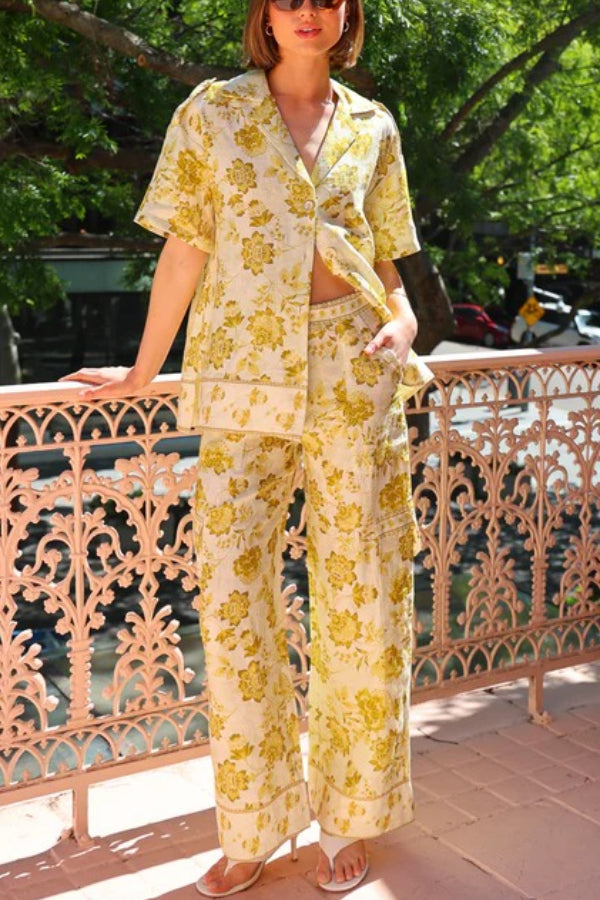 Sunny Floral Print Lapel Oversized Shirt And Pocket Pants Set