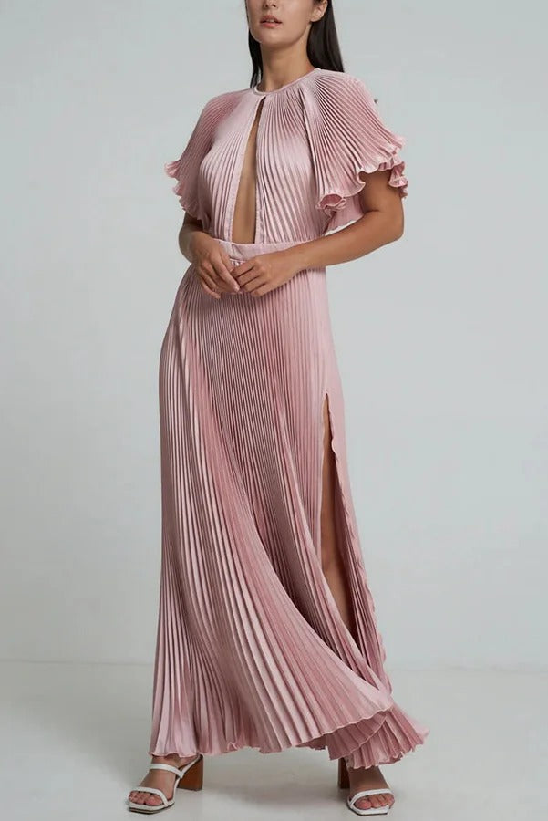 Flash Goddess Satin Pleated Bell Sleeve Cutout Detail Gown Maxi Dress