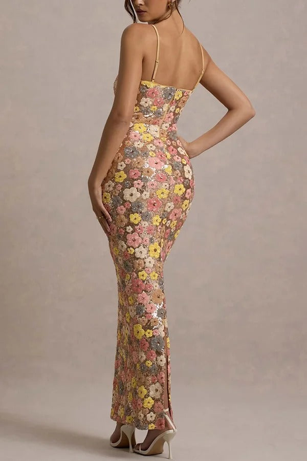 Stretch-Maxikleid im 80er-Jahre-Stil mit Blumenmuster, Pailletten und quadratischem Ausschnitt