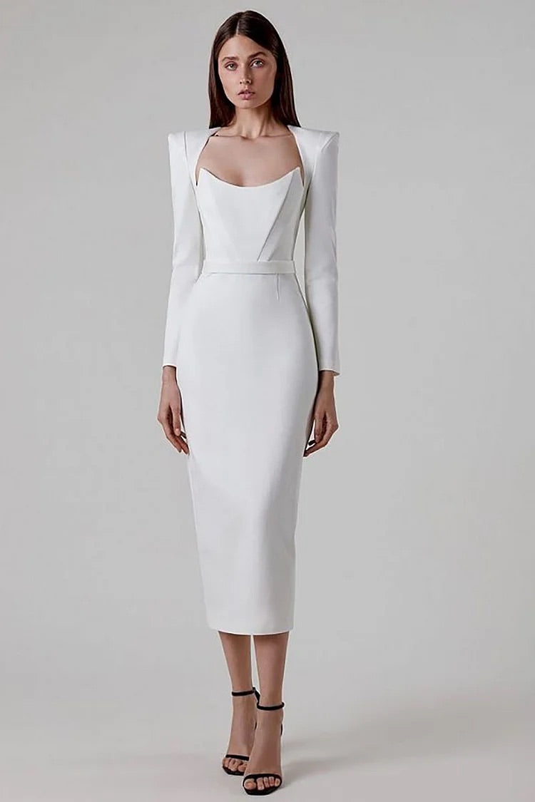 Plain Irregular Neck Corset Long Sleeve Bodycon White Midi Dresses