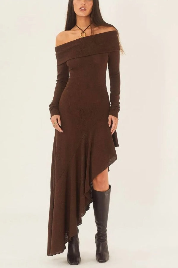 Temperament Off Shoulder Long Sleeve Irregular Hem Stretch Maxi Dress