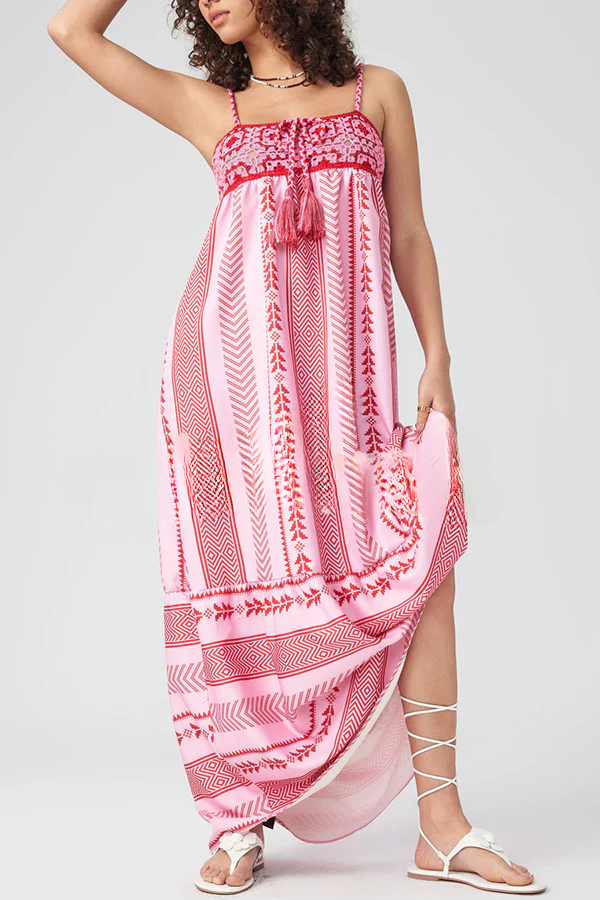 Unique Printed Patchwork Fringed Lace-up Maxi Dress