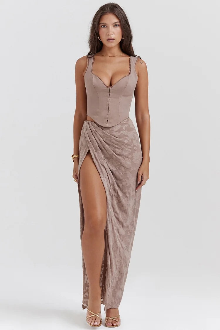 Jacquard Sleeveless Corset Top Wrapped High Slit Maxi Skirt Garden Party Matching Set-Nude