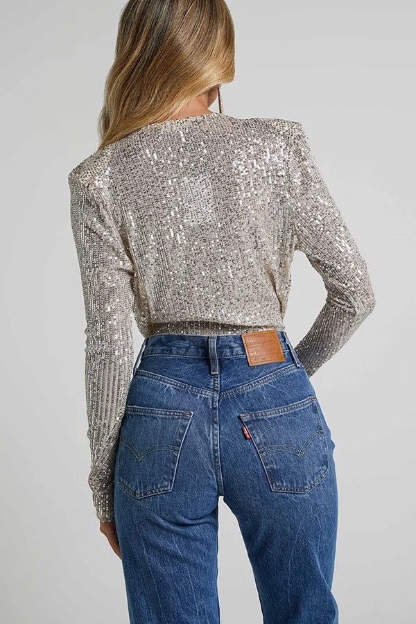 Alora Sequin Wrap Front Plunge Neck Long Sleeve Bodysuit