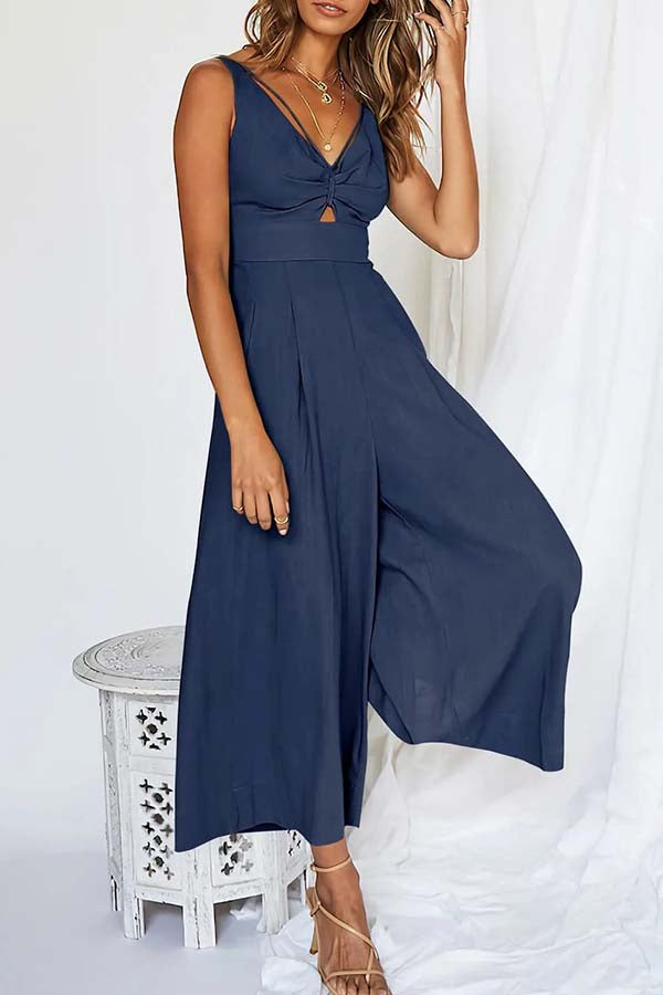 2023 SUMMER V NECK CUTOUT ADJUSTABLE STRAPS WIDE LEG JUMPSUITS