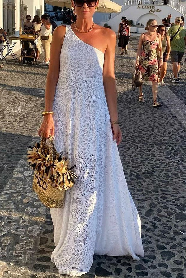 Elegant Moment Crochet Lace One Shoulder Slit A-line Maxi Dress