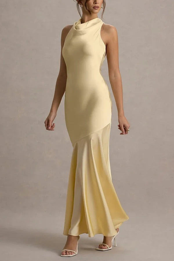 Timeless Sophistication Satin Cowl Detail Back Self-tie Halter Neck Maxi Dress