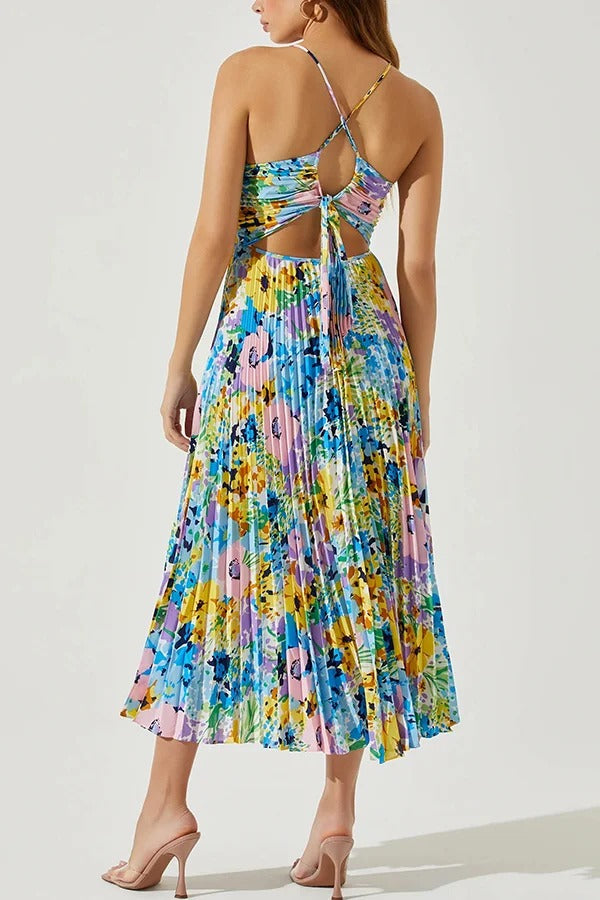 Wedding Party Season Floral Print Pleated Back Tie-up Midi Dress