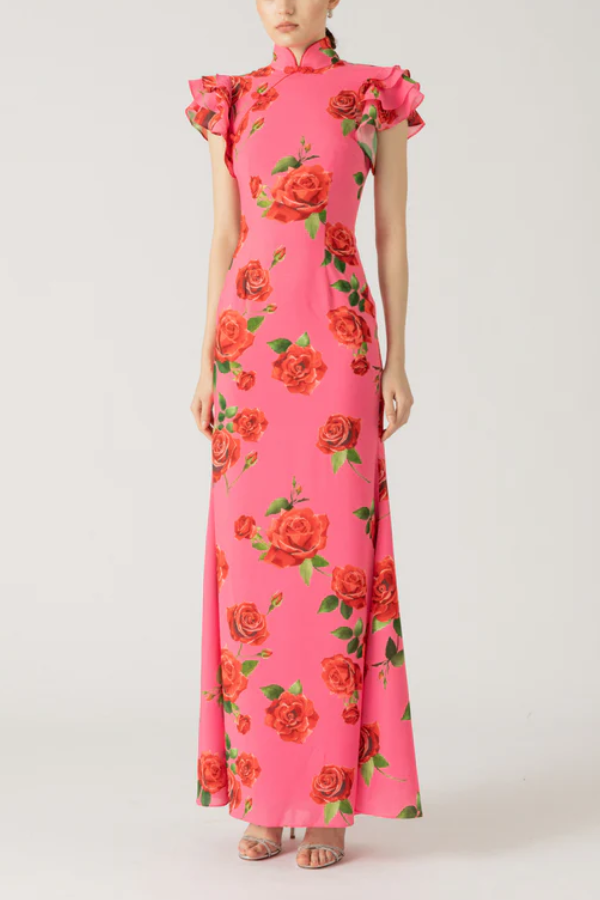 Cheongsam Style Rose Floral Print Tiered Flare Sleeve Stretch Maxi Dress