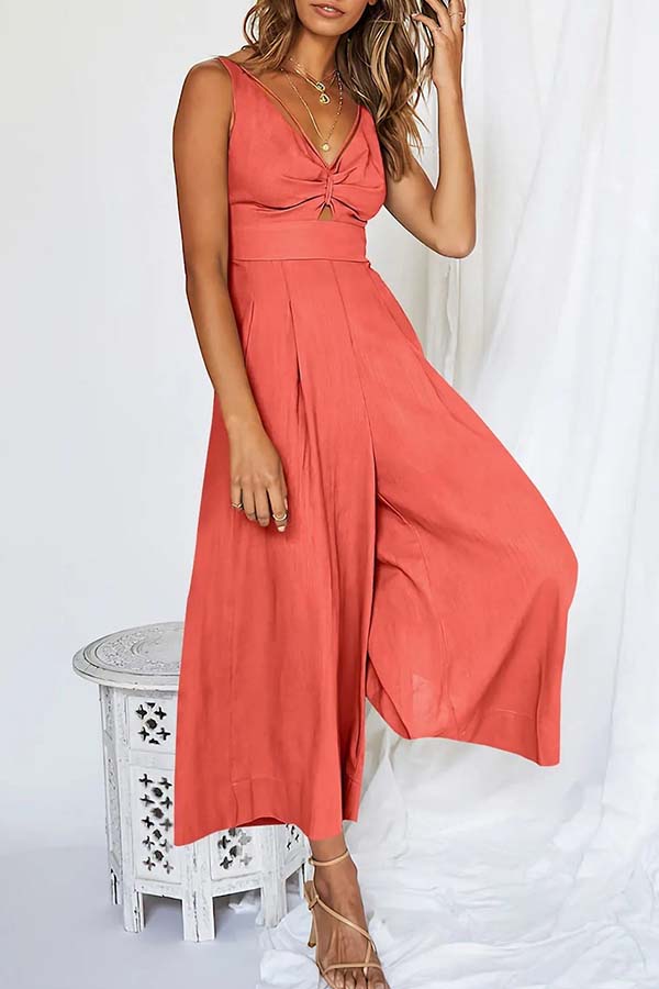 2023 SUMMER V NECK CUTOUT ADJUSTABLE STRAPS WIDE LEG JUMPSUITS