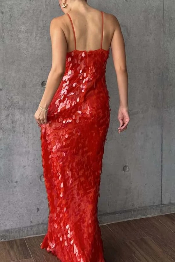 Reshape Beauty Fish Scale Sequin Cutout U-neck Slip Maxi Dress