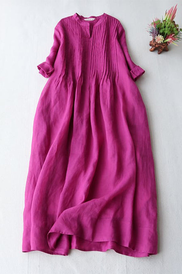 Elegant Pleated Loose Cotton Linen Dress