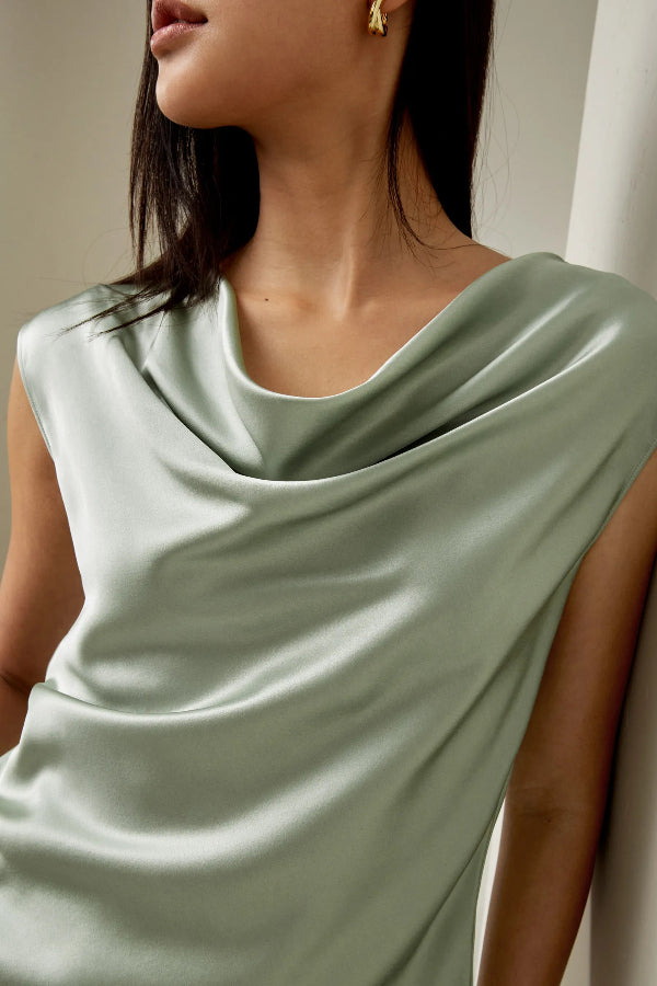 Pearly Luster Satin Cowl Neck Short Sleeve Loose Top