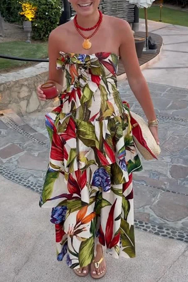 Tropical Botanical Prints Smocked Ruffles and Draped Detail Strapless Midi Dress