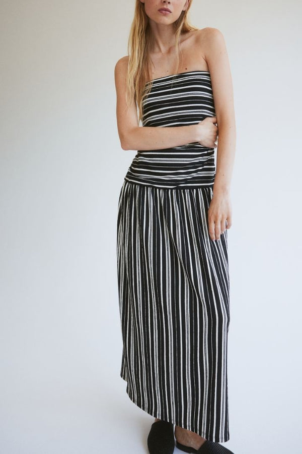 Simple Sexy Striped Ruched Detail Bandeau Stretch Maxi Dress