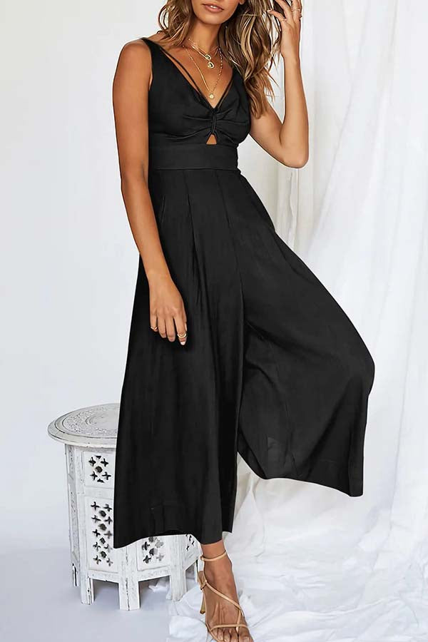 2023 SUMMER V NECK CUTOUT ADJUSTABLE STRAPS WIDE LEG JUMPSUITS