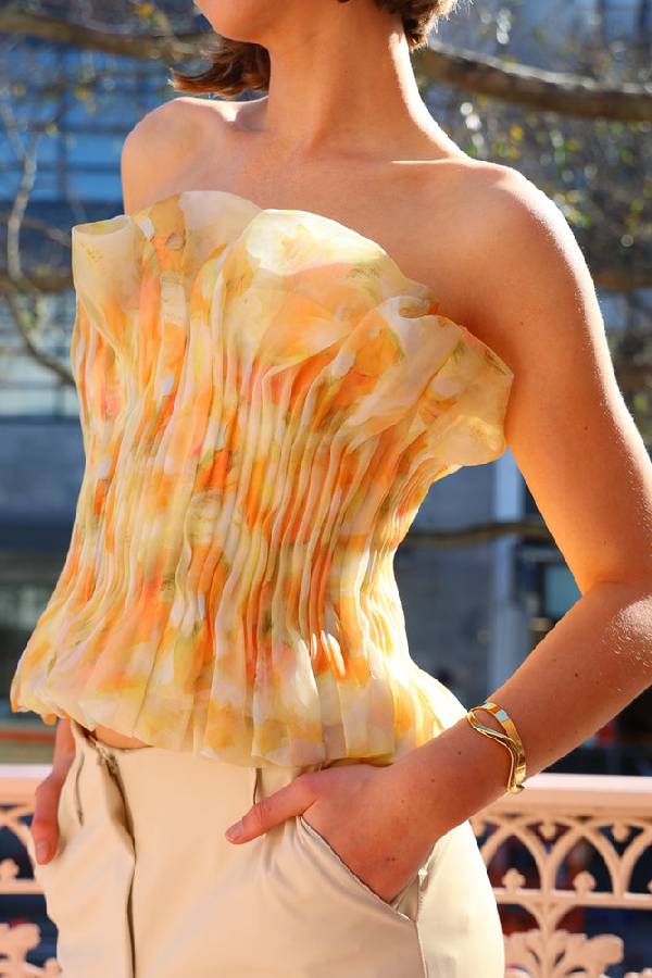 Ochre Cloud Strapless Ruffled Fitted Top