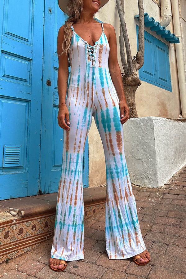 Beale Tie-dye Print Front Lace-up Stretch Flare Jumpsuit