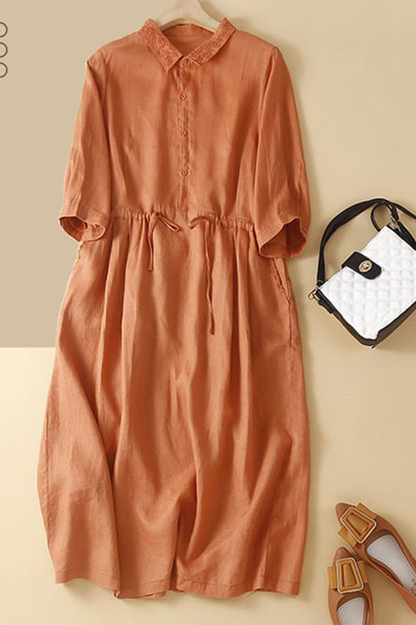 Cotton And Linen Solid Color Shirt Collar Retro Style Dress