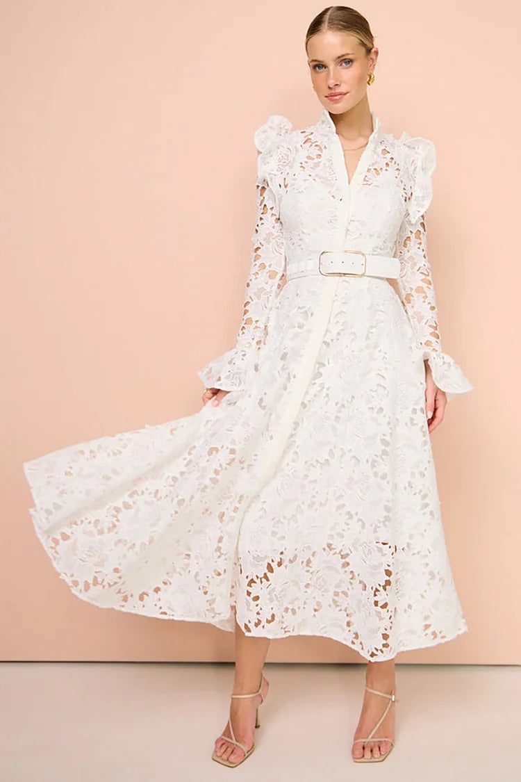 Lace Ruffled Trim Long Sleeve A-Line Midi Dresses-White