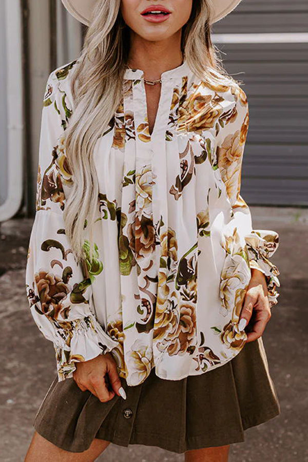 Simply Flourishing Floral Print Pleated Neckline Shift Blouse