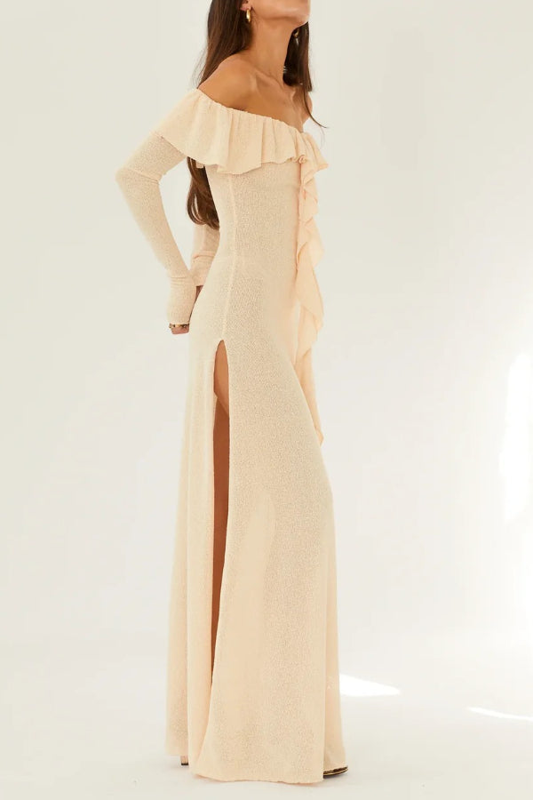 Darling Way Knit Off Shoulder Long Sleeve Drape Ruffles Slit Stretch Maxi Dress