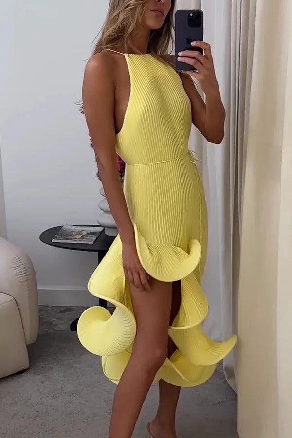 Solid Color Sleeveless Waist Tie Irregular Ruffle Slim Midi Dress
