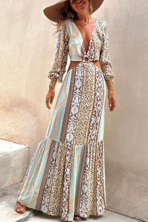 Sefora Unique Color Block Print Long Sleeve Ring Cutout Back Tie-Up Maxi Dress