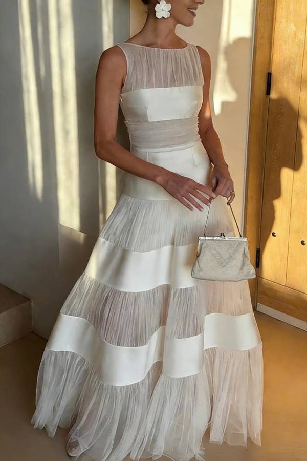 Darling You Pleated Tulle Satin Patchwork Boat Neck Sleeveless Formal Maxi Dress
