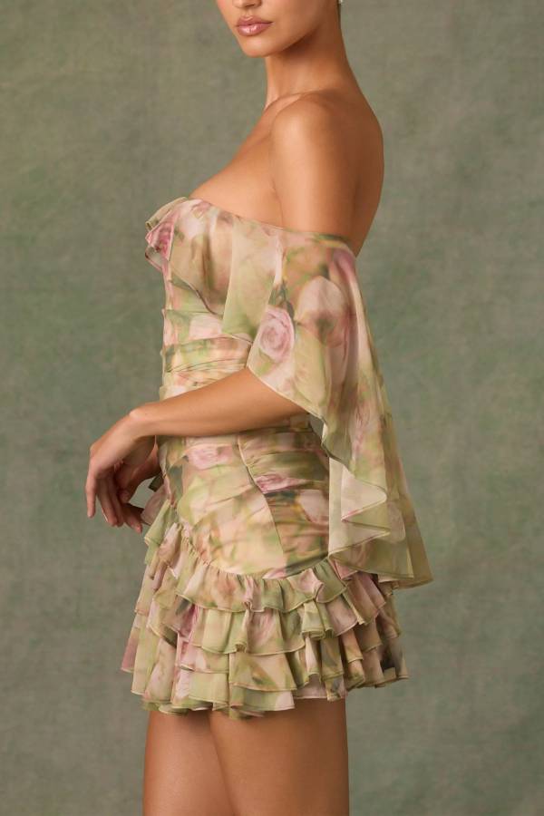 Chiffon Floral Print Elegant Multi-Layered Ruffle Mini Dress