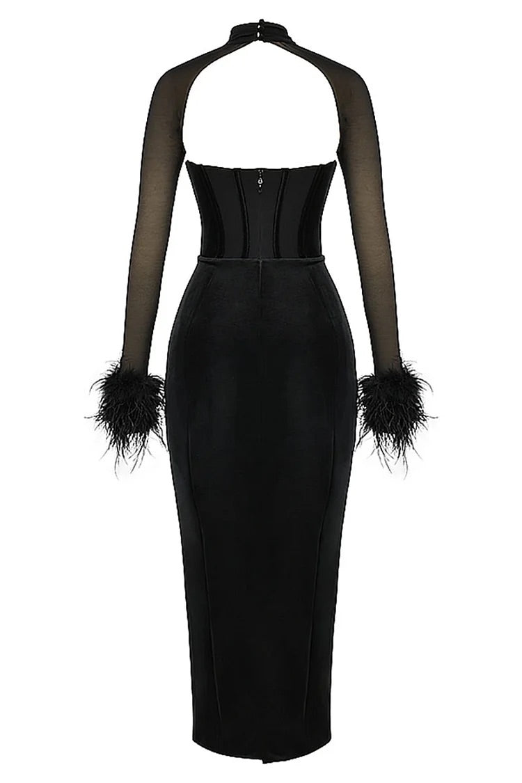 Irregular Feather Cuff Mesh Sleeve Velvet Corset Gown Prom Maxi Dresses