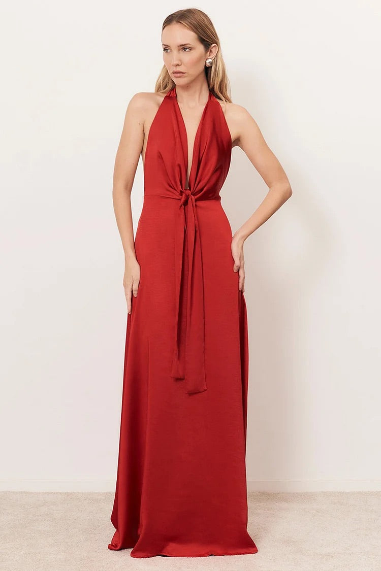 Cowl Neck Backless Slim Fit Evening Gowns Satin Maxi Dresses-Red