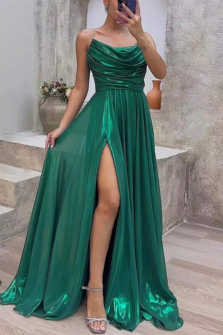 Pleated Strapless A-Line High Slit Evening Gowns Maxi Dresses-Green