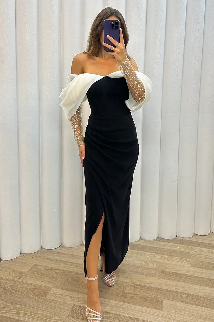 Elegant Off Shoulder Rhinestone Long Sleeve Colorblock Formal Party Maxi Dresses-Black