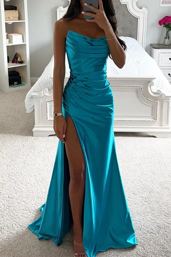 Lustrous Satin Off Shoulder Pleated Slit Evening Maxi Dress