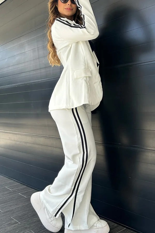 Sporty Mixed Formal Striped Trim Lapel Blazer and Elastic Waist Pocket Loose Pants Set