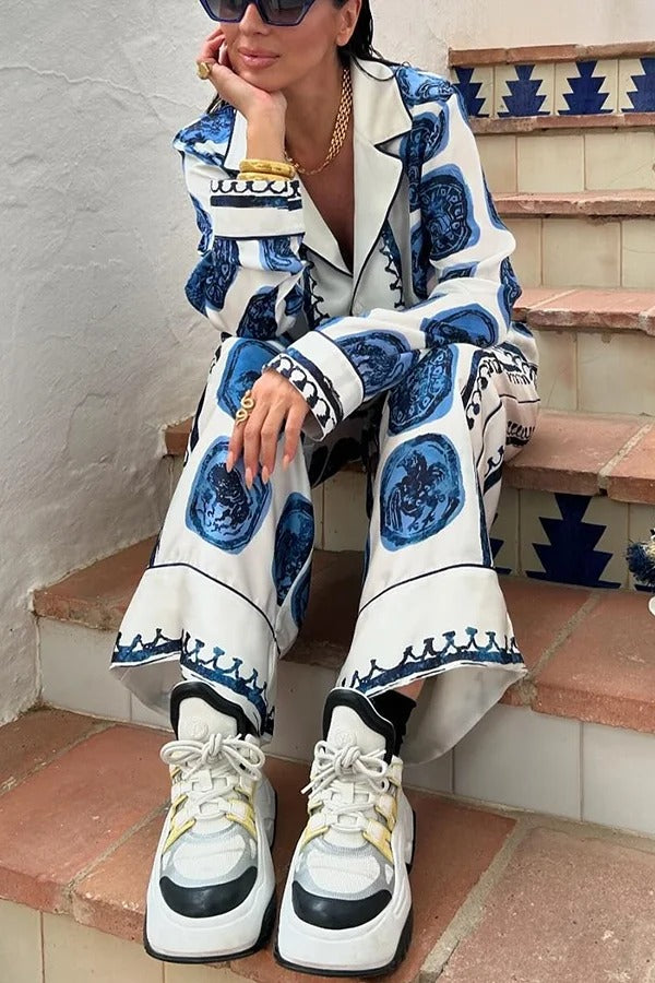 Love The Deep Sea Unique Print Long Sleeve Loose Shirt and Elastic Waist Pants Set