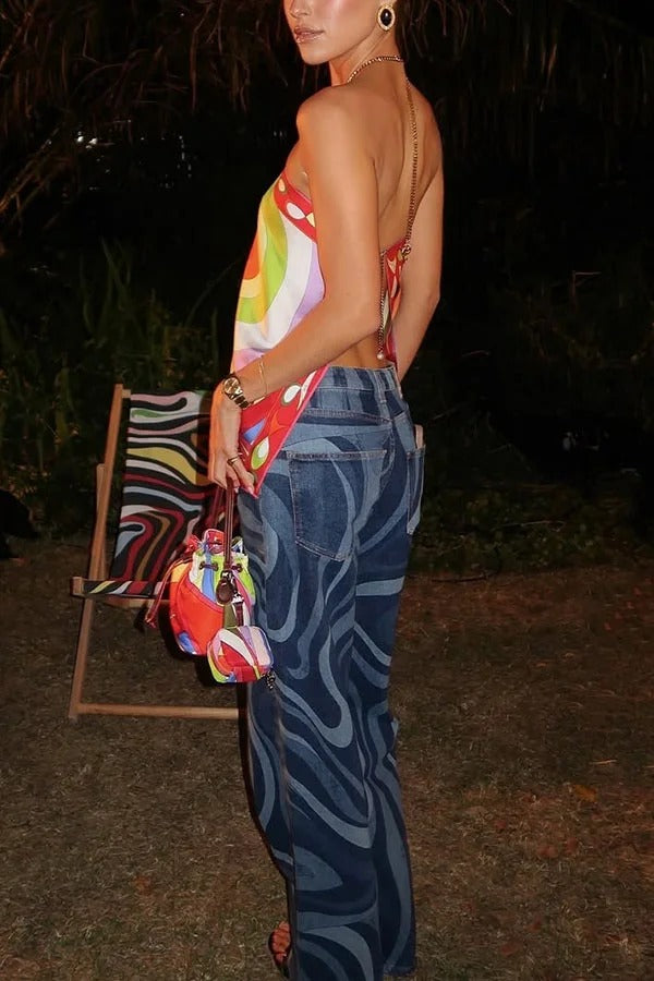 Artistic Girl Satin Unique Print Metal Chain Halter Draped Scarf Tank