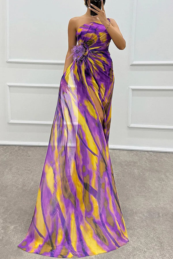 Amazing Views Watercolor Print Feather Rose Detail Off Shoulder Pleated Slit Maxi Dress