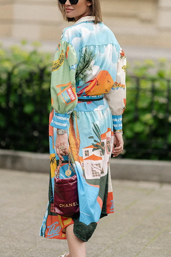 Unique Printed Lantern Sleeve Drawstring Shirt Resort Style Midi Dress