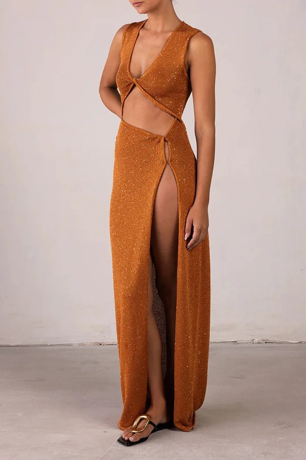 Schöne Figur Glänzender Strickstoff Ausschnitt Seitenschlitz Stretch Urlaub Maxikleid