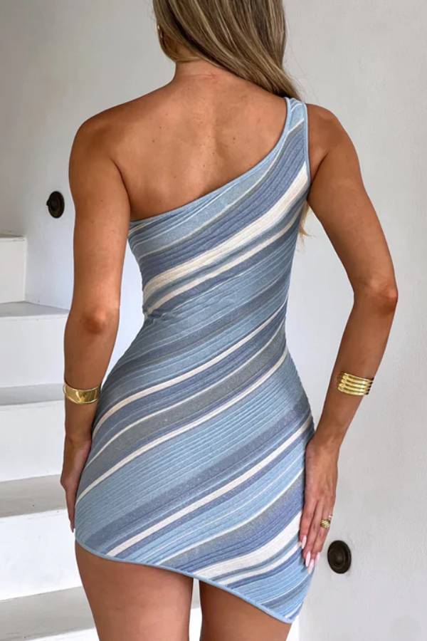 Hot Summer Girls Knit Striped Metal Beaded One Shoulder Stretch Mini Dress
