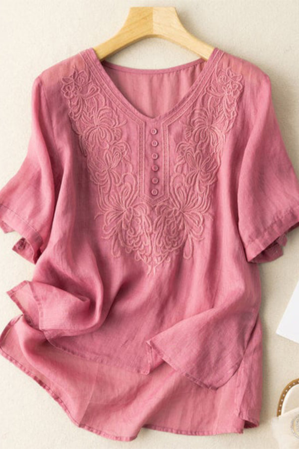 Cotton Linen Fine Embroidery V-neck Casual Top