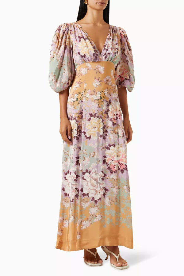 Best Garden Party Satin Colorful Floral Print Puff Sleeve Maxi Dress