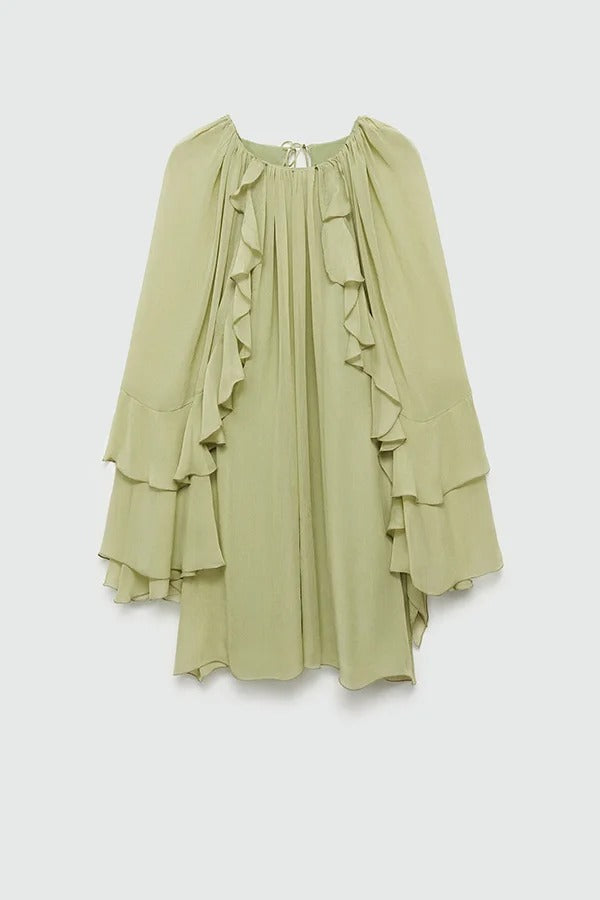 Seeds of Happiness Chiffon Tiered Ruffles Bell Sleeve Gathered Loose Mini Dress