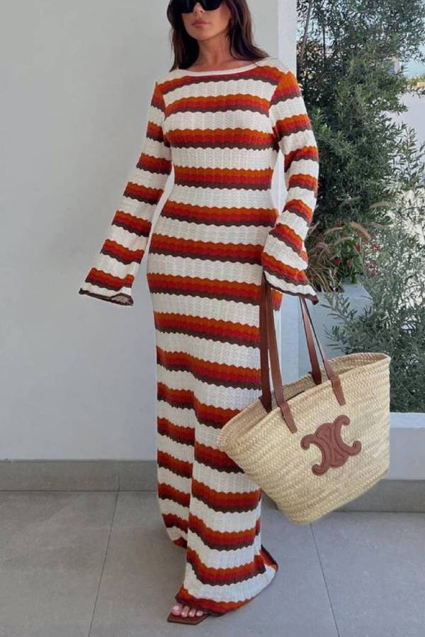 Womens Long Sleeve Crewneck Backless Striped Bodycon Sweater Dress Ribbed Knit Maxi Long Dresses