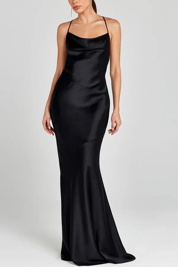 Nicoletta Satin Cowl Neck Backless Lace-up Maxi Dress