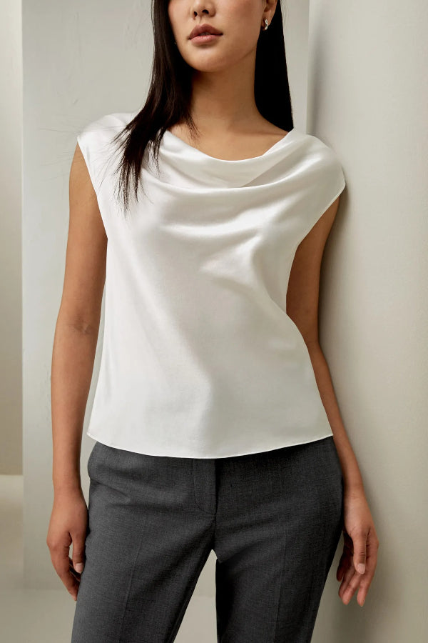 Pearly Luster Satin Cowl Neck Short Sleeve Loose Top