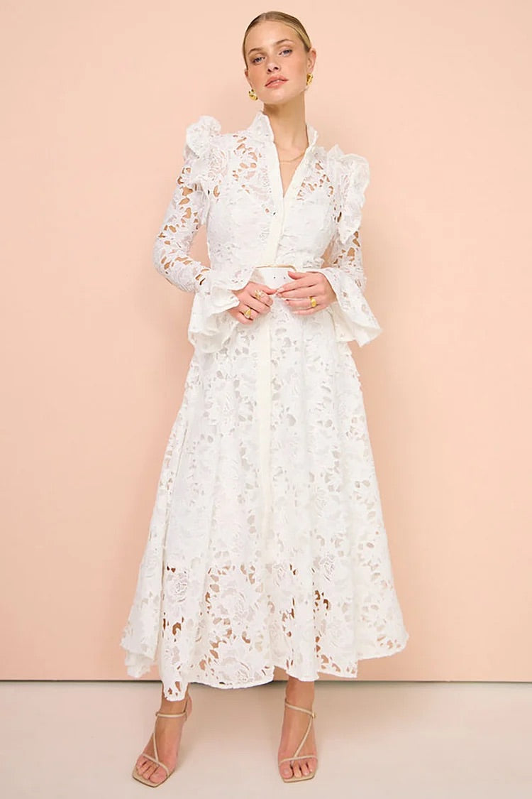 Lace Ruffled Trim Long Sleeve A-Line Midi Dresses-White