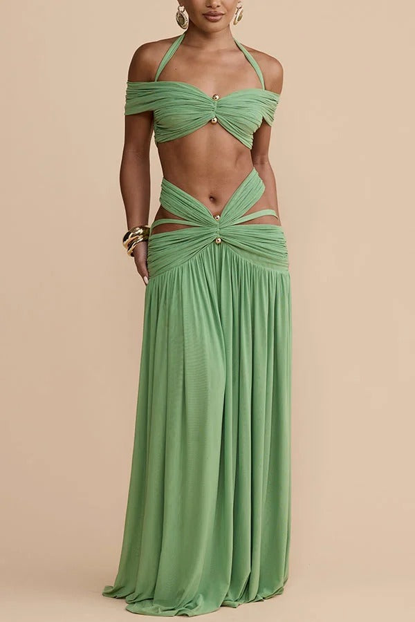 Martina Stretch Mesh Gold Metal Detail Gathered Cutout Waist Vacation Maxi Skirt